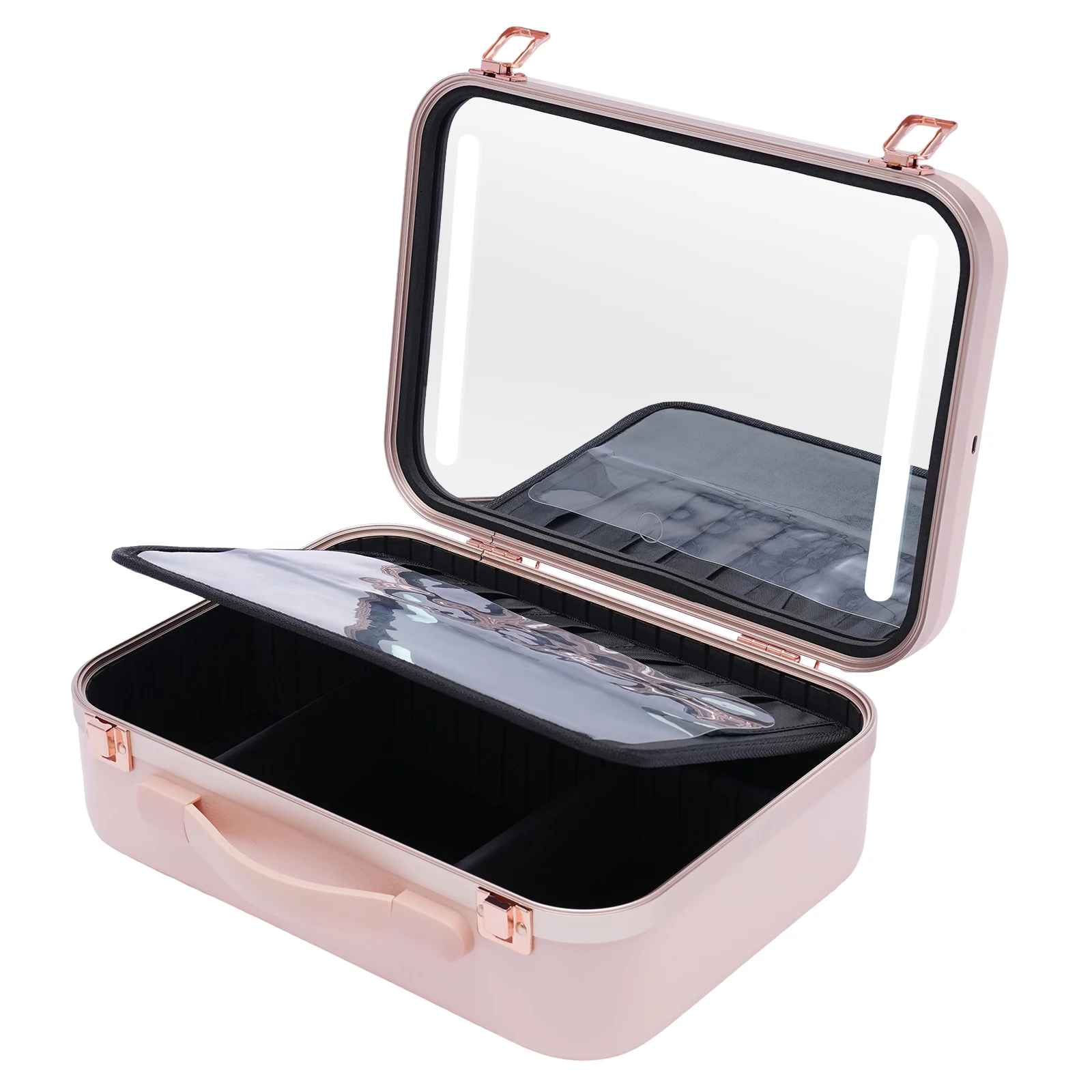 Makeup Organizer with 3-Color Dimmable LED Light, 88 Beads, 4K Mirror, Multi-Compartment Storage, 2000mAh Battery, Portable