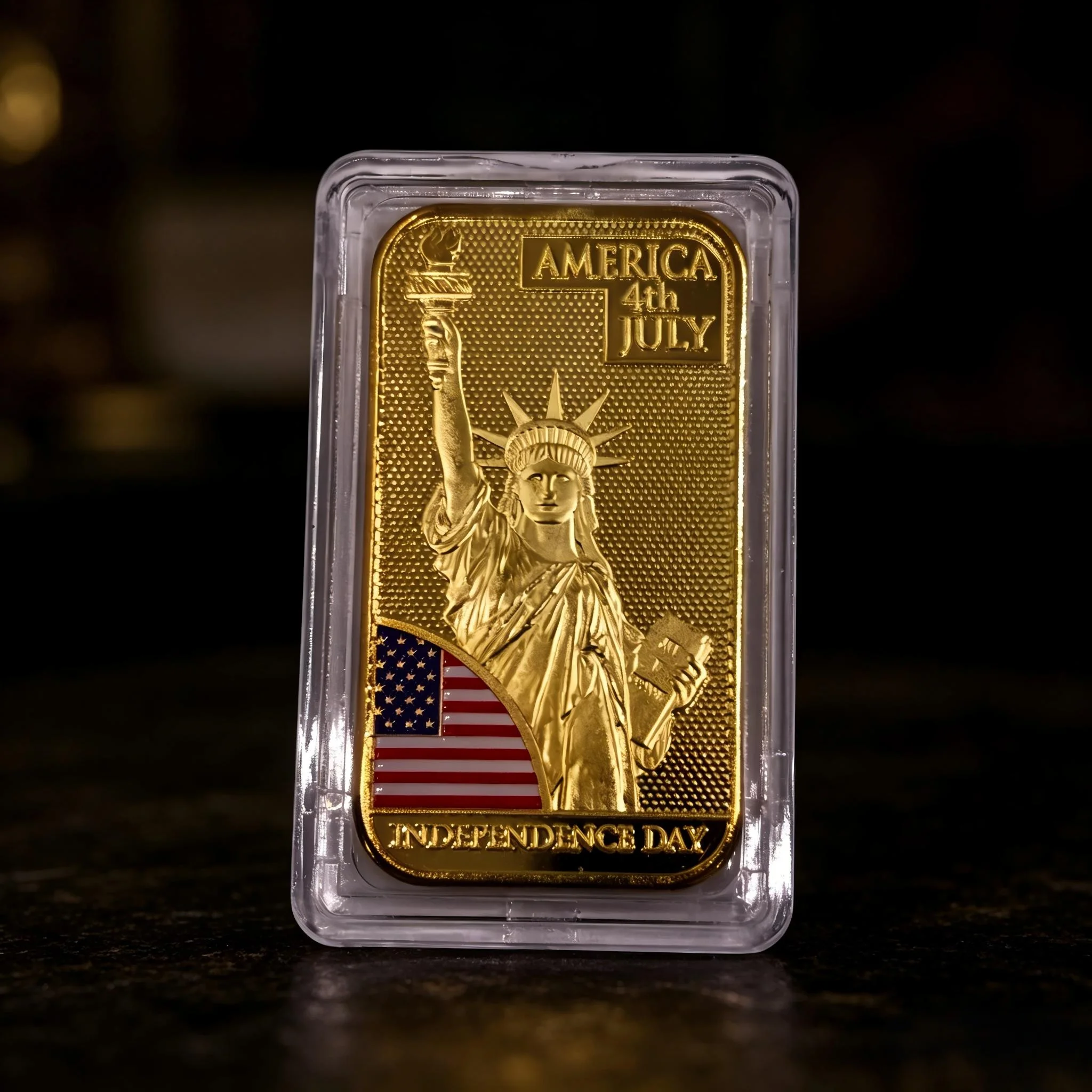 USA Independence Day Gold Plated Bar Statue of Liberty & American Eagle Commemorative Bar with Color Flag