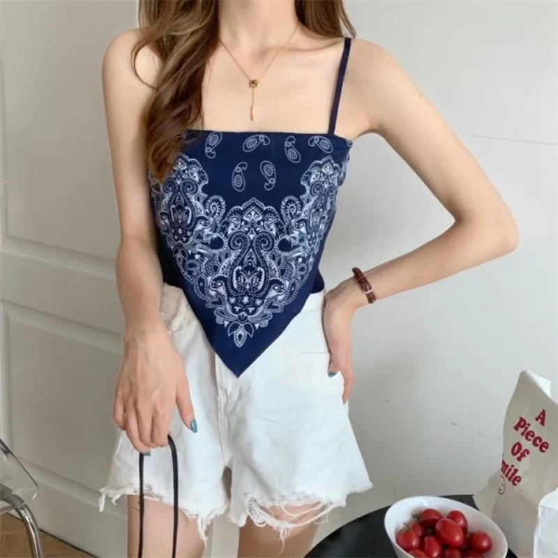 Women's Camisole Vintage Irregular Print Slim Fit Sexy Backless Fake Two Pieces Crop Top Casual Vacation Summer Streetwear