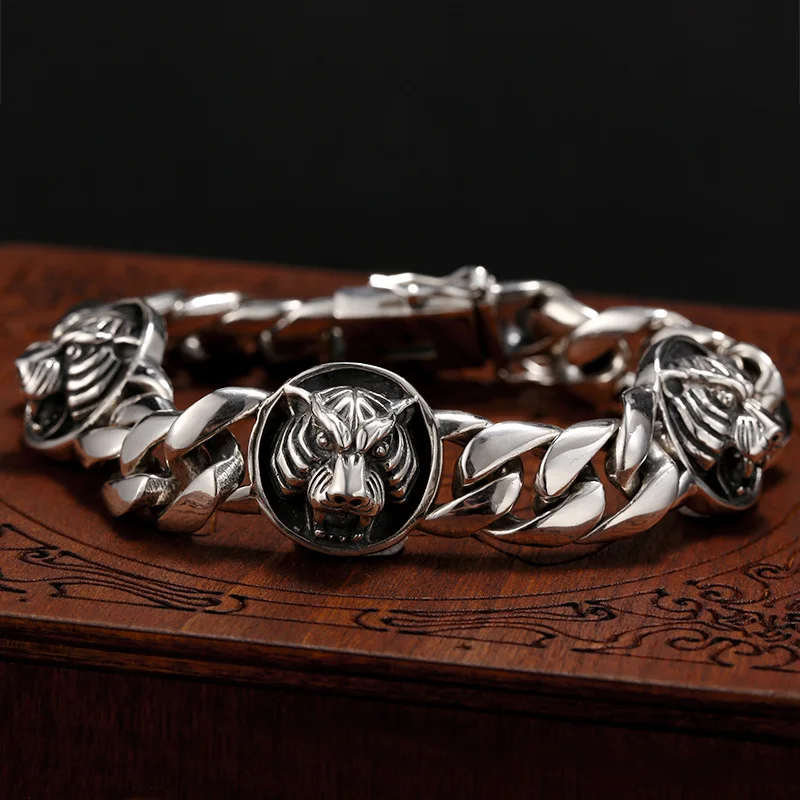 925 sterling silver men bracelet thick tiger head domineering thai silver fashion retro distressed stylishtrendy jewelry