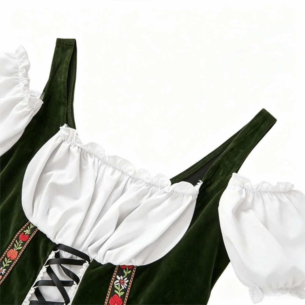 Ruffled Detail Bavarian Dirndl Dress A-Line Silhouette Lace-Up Front Oktoberfest Costume Square Collar Polyester