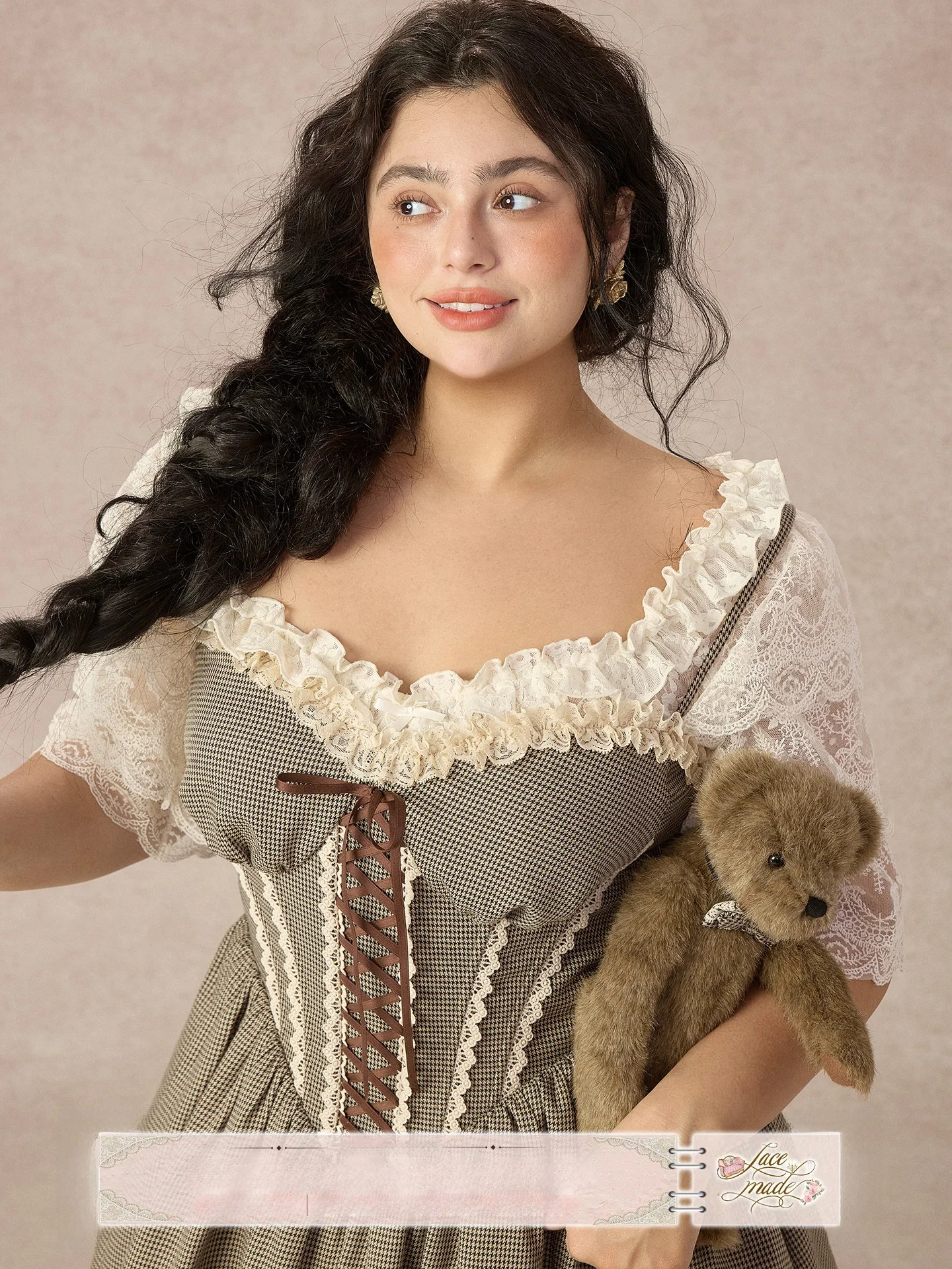 

Large Size Women's Long Dress Plaid Coffee Color Strap Dress French Style Knot mid Waist A-Line Princess Skirt