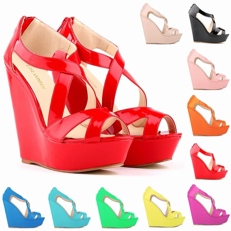 

Women's Fashion Patent Leather Wedges Sandals Summer Open Toe Platform High Heel Shoes Back Zipper Sexy Cross Hollow Pumps Woman