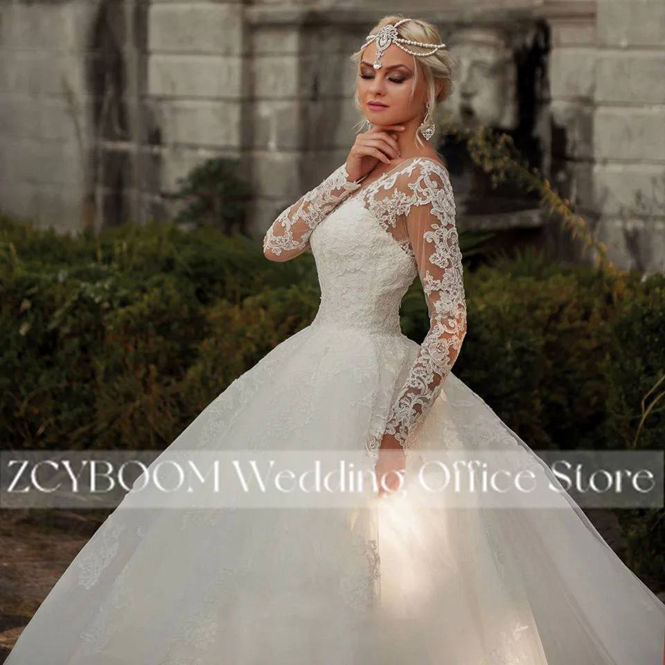فساتين زفاف أنيقة مخصصة عاجية بأكمام طويلة 2025 رقبة سكوب مطرزة دانتيل العروس فستاين سهرة/فساتين الحفلات Vestidos De Novia