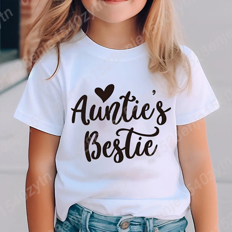 

Stylish Auntie's Bestie Print Crew Neck T-shirts Fashion T-shirt for Girls, Casual Tops, Perfect for Everyday Wear