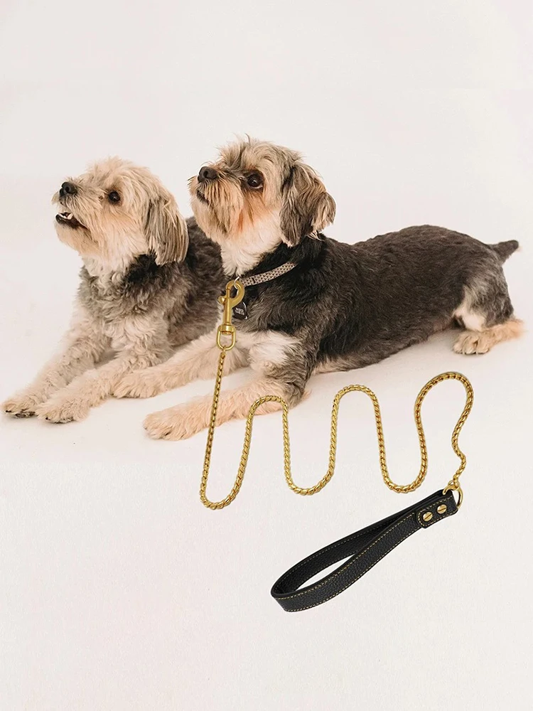 4MM Wide Gold Metal Dog Lead with Leather Handle Stainless Steel Chain 18K Gold Pet Leash Training