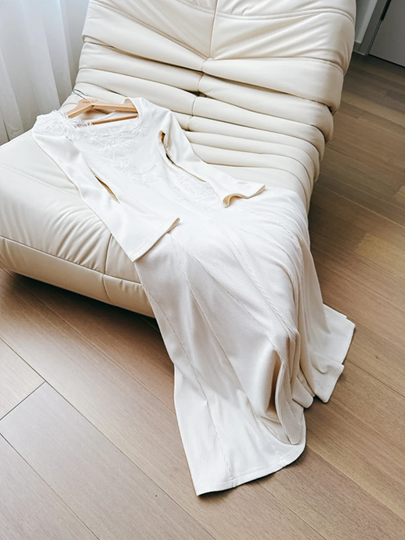 

Ele Knitted Dr with Lace Splicing Waist Cinching Flared Sve 3D Embroidery Large Swing Skirt for Casual Wear