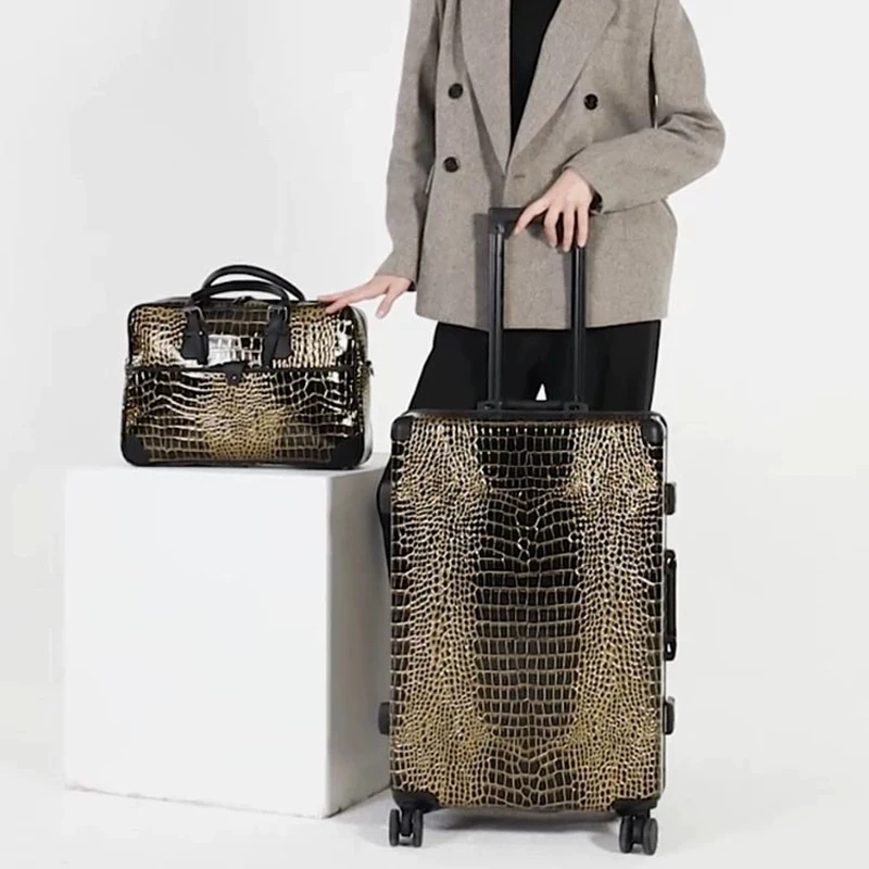 Ensemble de bagages à cadre en aluminium imprimé crocodile pour hommes, sacs de voyage de cabine, chariot d'affaires de grande capacité, valise avec sac à main, nouveau