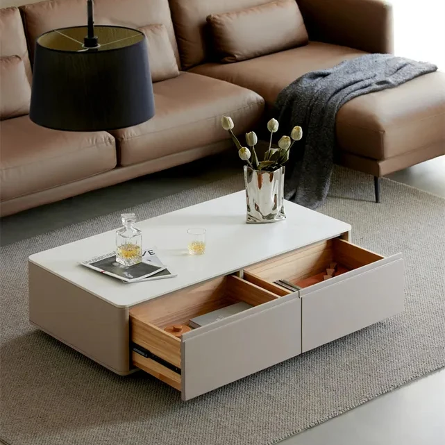 Modern Luxury Minimalist Designer White Square Mable Top Tv Cabinet Stand Wooden and Coffee Table Set