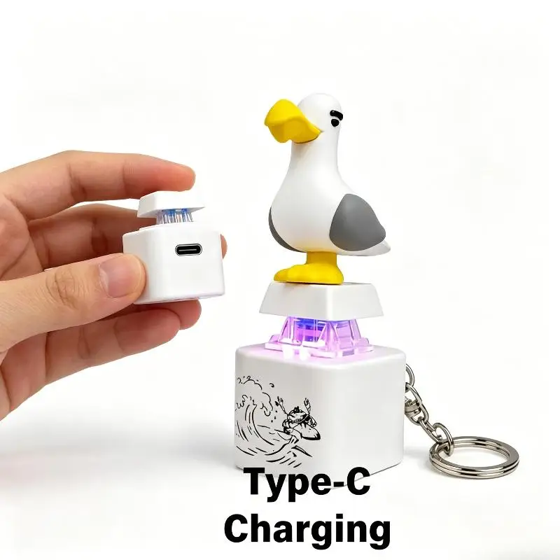 Seagull Mine Keychain Button with Sound LED Rechargeable Keyboard Clicker Fidget Toys Stress Relief Animal Keycaps Funny Gift