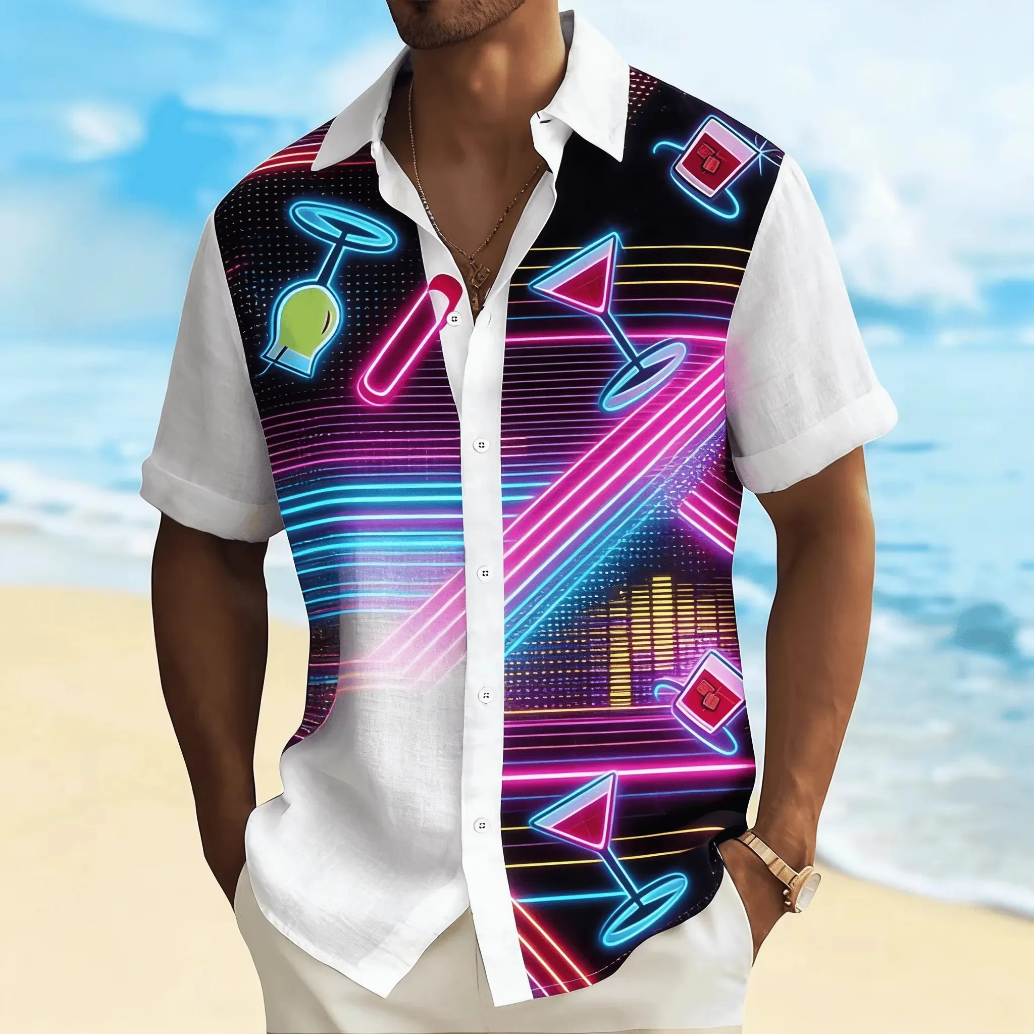 Creative Retro Full Printed Short Sleeved Shirt for Men, Nostalgic Niche Design, Seaside Travel, Casual Loose and Trendy Top