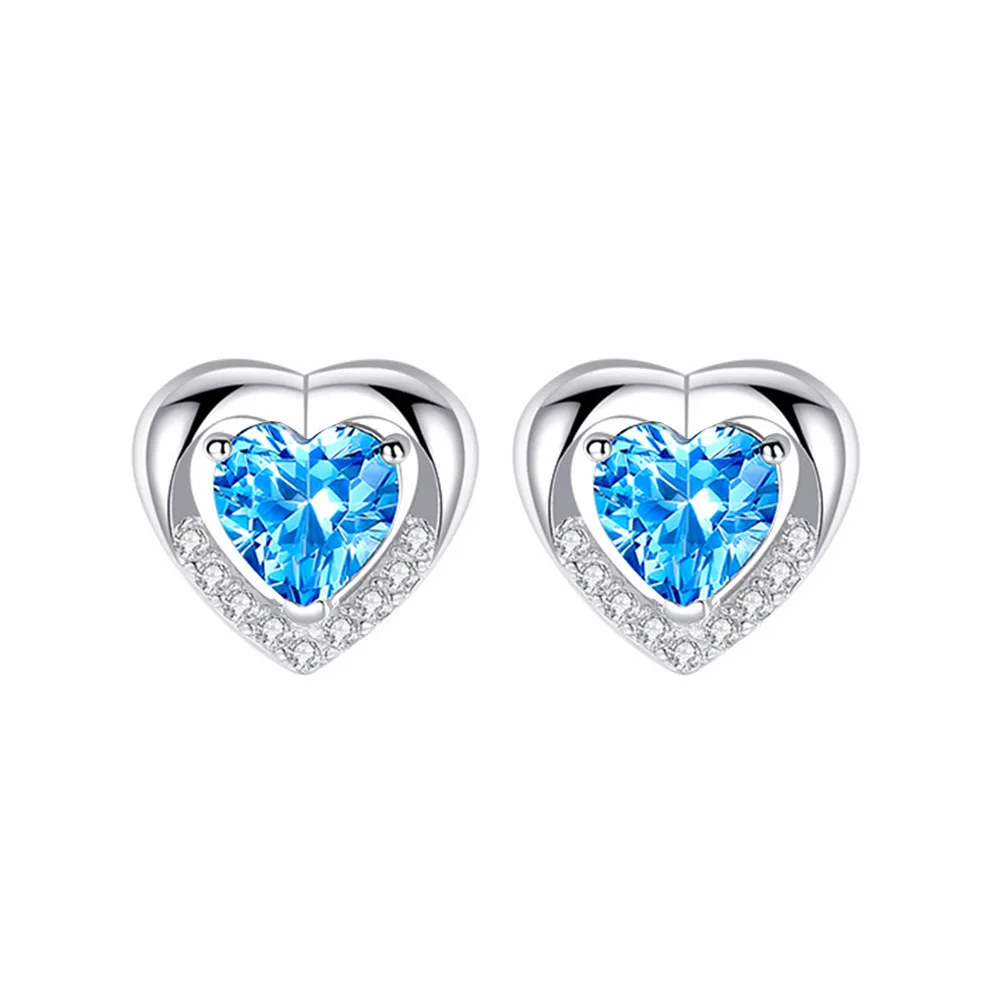 Luxury 925 Sterling Silver Blue/Silver Exquisite Heart-Shaped Zircon Stud Earrings for Women's Fashion Wedding Jewelry