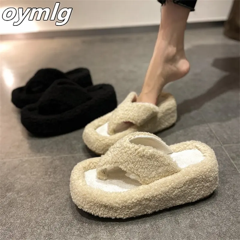 High heeled herringbone slippers 2022 new autumn winter lamb wool slope heel casual slippers for women to wear comfortably