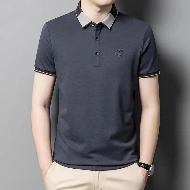

Летняя корейская модная простая рубашка-поло с отложным воротником для мужчин, с вышивкой, на пуговицах, дышащая, повседневная, универсальная, тонкая, с коротким рукавом