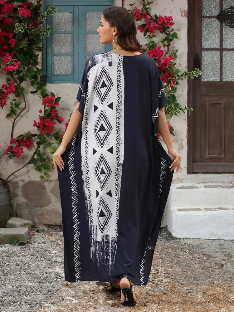 Women Geometric Printing Loose Robe Homewear Plus Size Loose Kaftan Muslim Islamic Fashion Abaya Summer Beach Cover Up Dress
