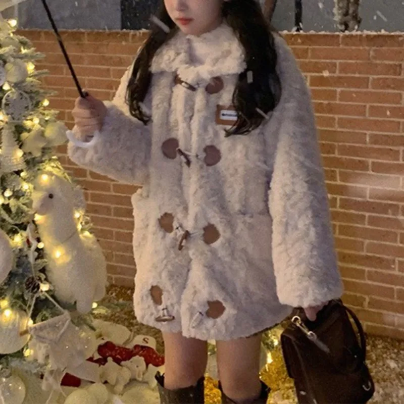 

Winter Warm Plush Lolita Cute Hooded Coat For Women Japanese Kawaii Bow Horn Button Plush Loose Warm Jackets Teen Girls Overcoat