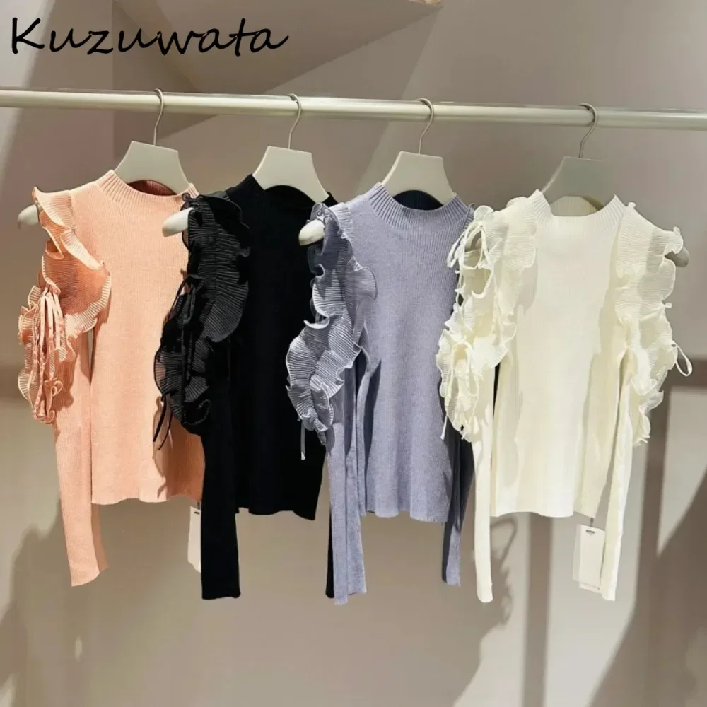 Kuzuwata Winter O Neck Long Sleeve Pullover Sweaters Lace Up Off Shoulder Ruffles Knitted Japan Patchwork All-match Slim Jumper