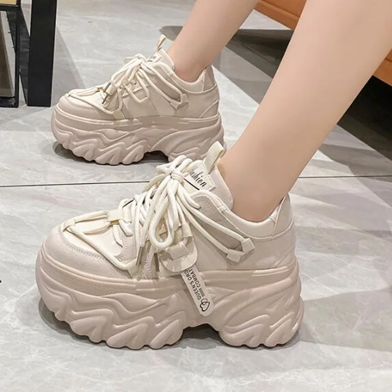 Autumn Breathable Thick Bottom Casual Shoes New Luxury Womens Chunky Leather Sneakers 8cm High Platform Ulzzang Sports Dad Shoes