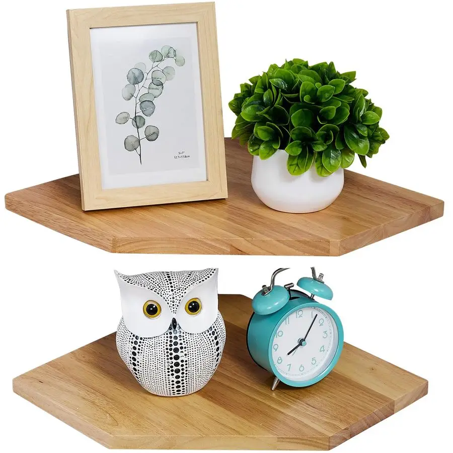 

Wall Shelves, Corner Floating Shelves Set of 2 Solid Oak Wood Display Shelf with Wire Hole Small Plant for Kitchen Living Room