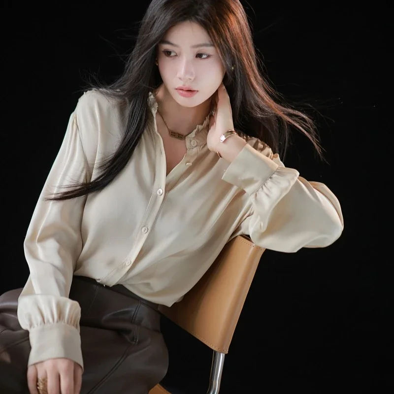 

Vintage Women's Blouses Chiffon Casual Shirts Fashion Loose Summer Korean Clothing Long Sleeved Solid Color Women Tops