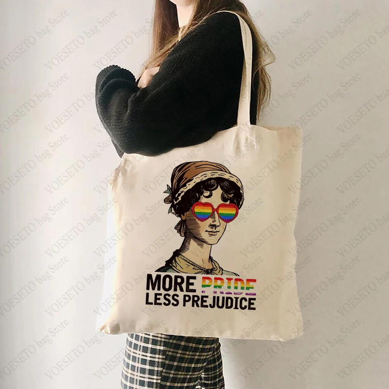 More Pride Less Prejudice Pattern Tote Bag Casual Canvas Shoulder Bag Rainbow Letter Shopping Bag Large Capacity Handbags