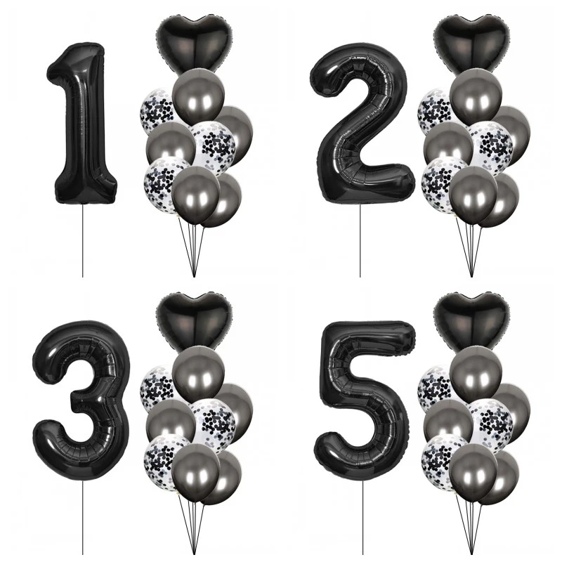 10pcs 32inch Black Number Heart Foil Balloons Happy Birthday Party Decorations Kids Girl Boy 1 2 3 4 5 6 7 8 9 Year Old Supplies