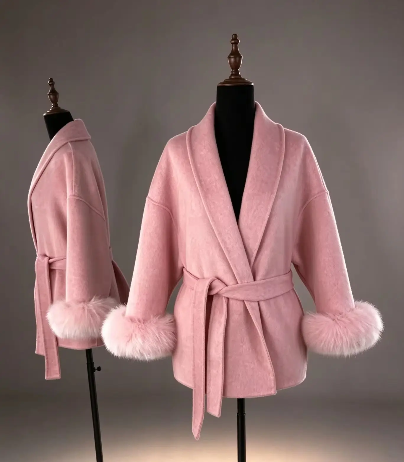 Chic Women’s Overcoat Wide Shawl Lapel Short Length Belt Closure Fluffy Fur Trim Premium Wool Cloth Business Meeting Customized