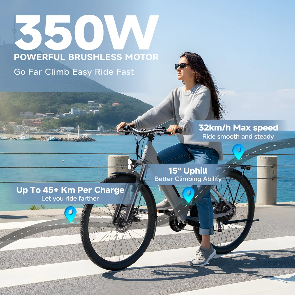 QNUT EC150 26" Electric Bike for Adults, 350W Motor 48V 10.4Ah Battery City Ebike 20MPH 65 Miles, 7-Speed Electric Bicycle with Front Suspension image 3