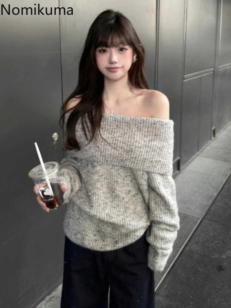 

Gray Pullovers for Women Fall Winter Clothing Temperament Jumper Korean Sueter Mujer Slash Neck Knitted Chic Sweater Pull Femme