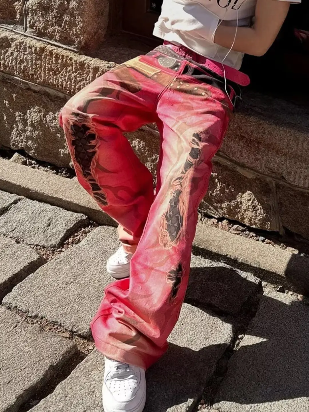Y2K American Vintage Personalized Mottled Totem Print Baggy Jeans Men's High Waist Wide Leg Jeans Trendy Hip-hop Jeans