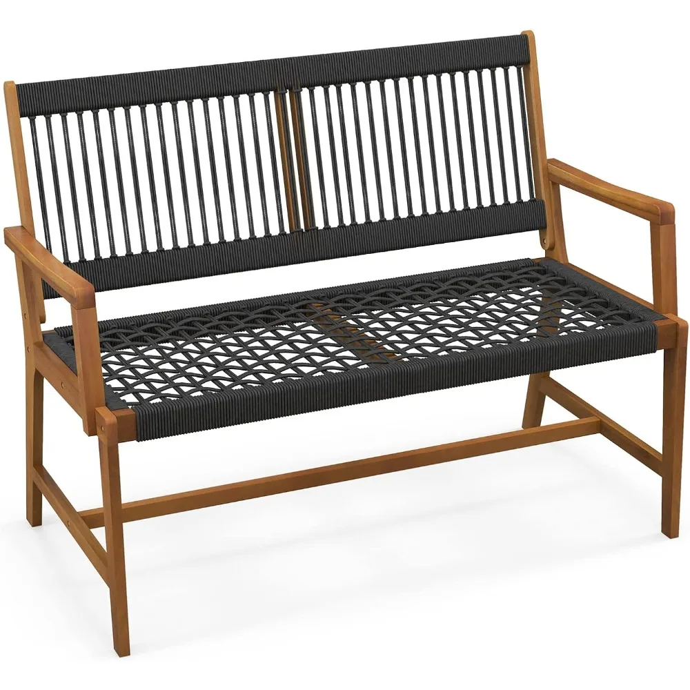Outdoor Acacia Wood Bench, All-Weather Rope Woven Garden Bench with Backrest and Armrests, 2-Person Patio Bench for Por