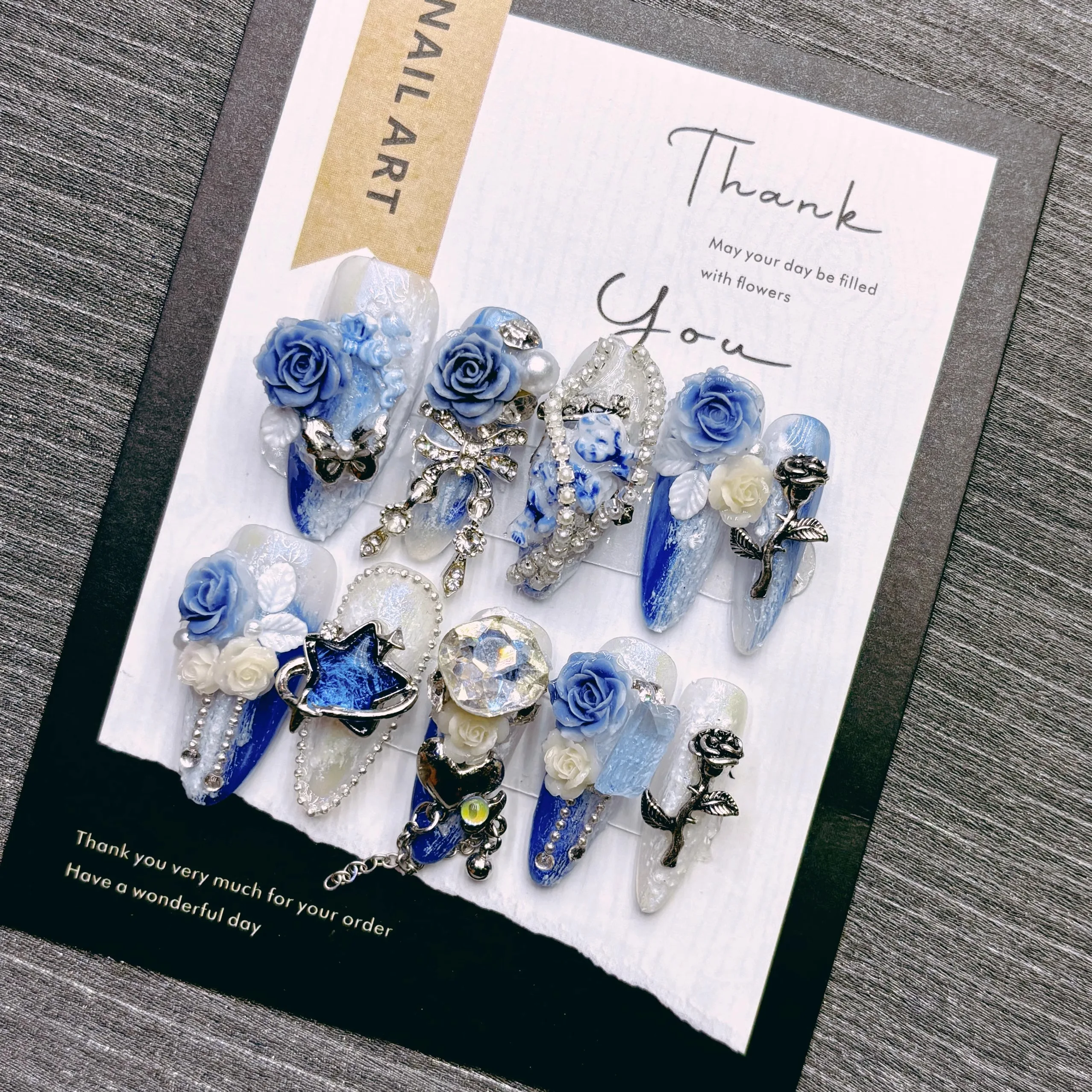 High Quality Blue White False Nails with Flower Pearl Star Butterfly Decor Resin Rhinestones Elegant Glamorous Fantasy Press on