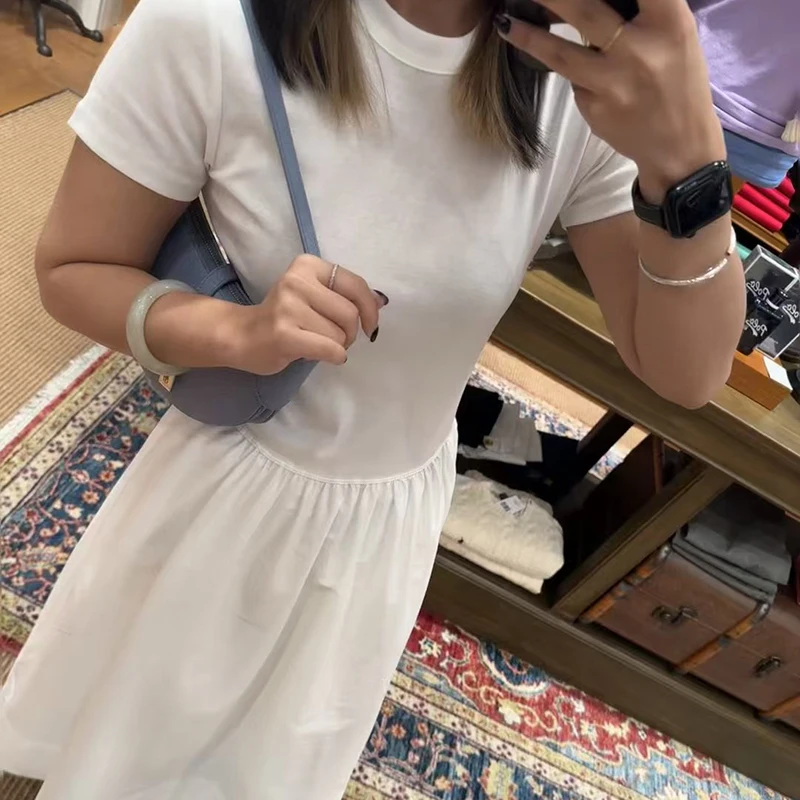 Damesjurk met ronde hals en korte mouwen, gesplitste slanke taille T-shirt lange jurk, hoogwaardige katoenen jurk, zomer, nieuw, 2025