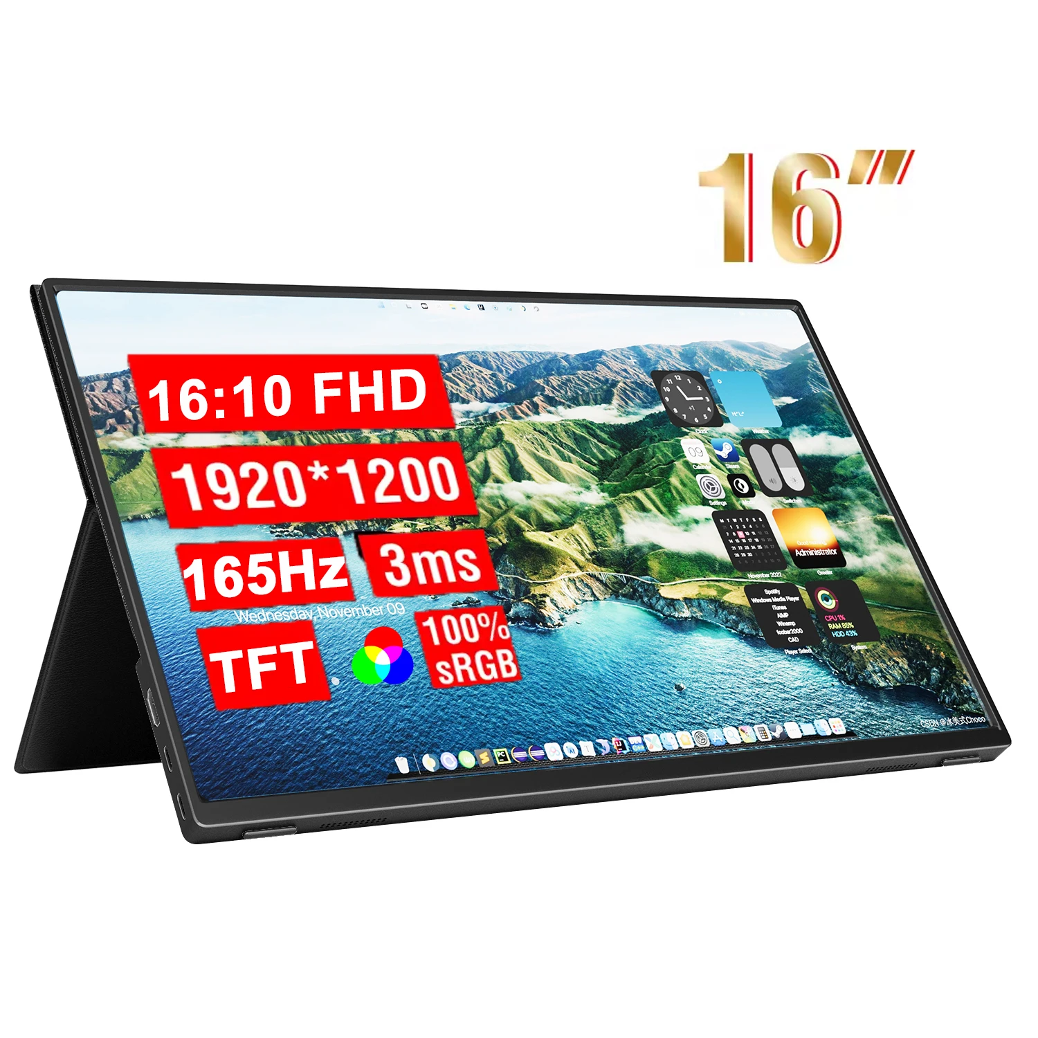 

Портативный монитор KTHIN 16 дюймов, 165 Гц, 1920*1200, 16:10, 100% sRGB, 500Cd/m2, TFT-дисплей для путешествий, переключатель для ноутбука, PS4, PS5 Xbox