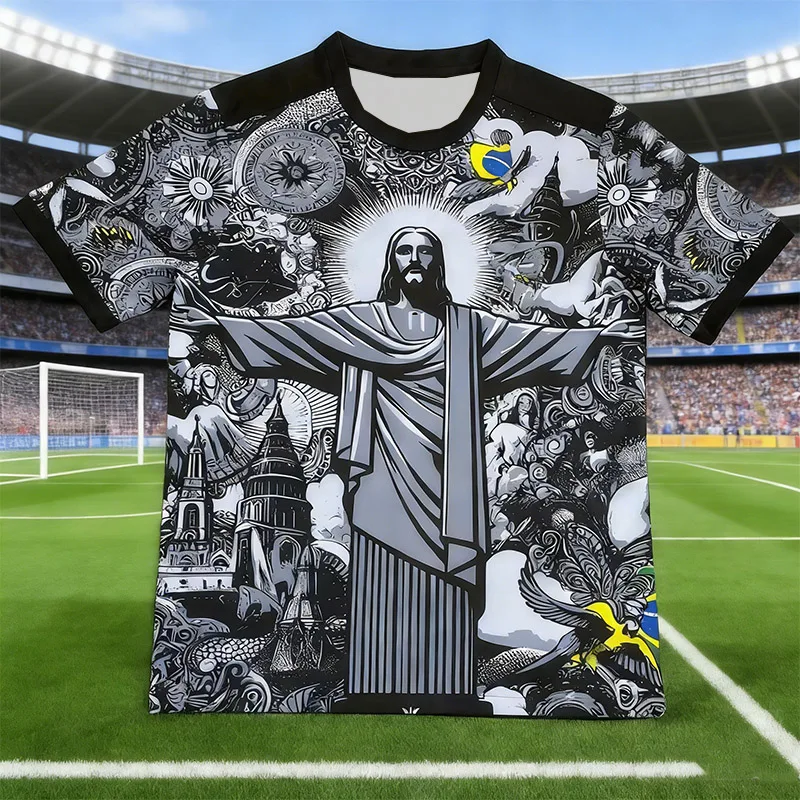 Sommer-Fußball-Trainingsoberteil, atmungsaktiv, schnell trocknend, Brasilien, Sonderausgabe, Jesus, Schwarz, Grau, Fußballtrikot, Damen, Herren, Strand-T-Shirt