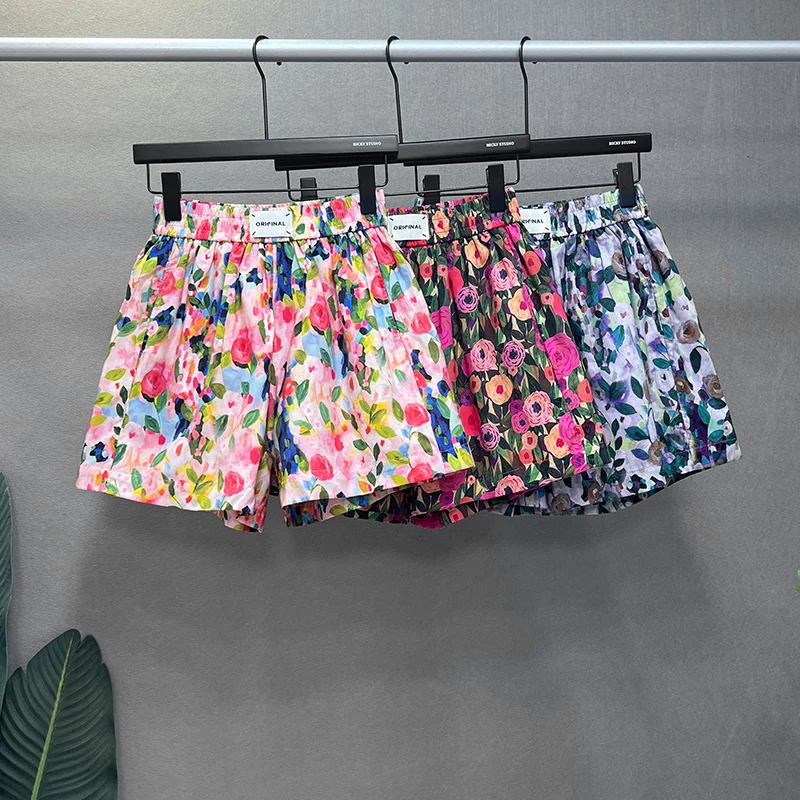 

Fashion Printed Exquisite Shorts Female 2023 Summer New Elastic Waist Floral Wide-Leg Pants All-Match Women Clothing