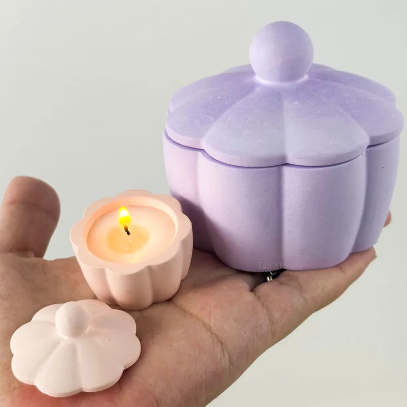 Concrete with Lid Candle Jar Silicone Mold DIY Round Flower Pot Crafts Making Plaster Resin Storege Box Casting Molds Home Decor