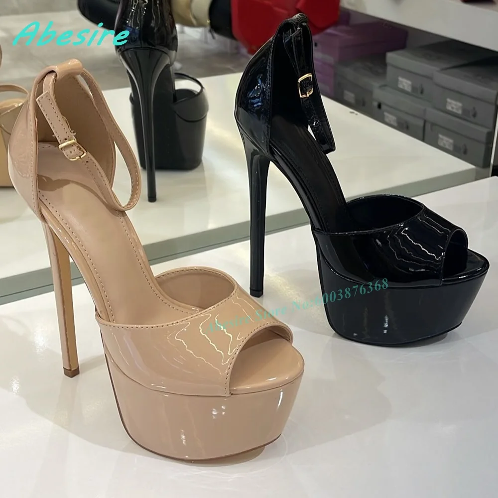 Nude Patent-Leather Platform Sandals PeepToe Ankle-Strap Thin Heels Women's Sandals Summer Spicy Girls Party Wedding Shoes