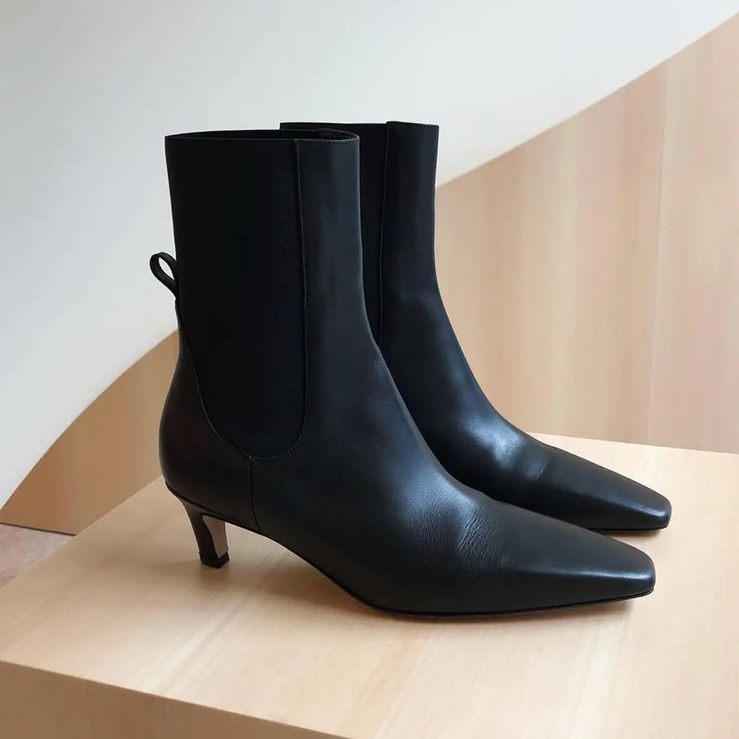 2021 Spring and Summer New Real Leather Ladies Black Minimalist Pointed Toe Socks  Shoes Low-heeled Ankle Boots Women