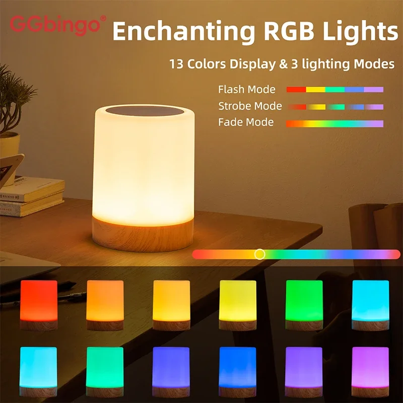 GGbingo Colorful Bedside Lamp Rechargeable 16Colors Table Lamp Dimmable LED Night Light Lamp for Bedroom Desk Decor