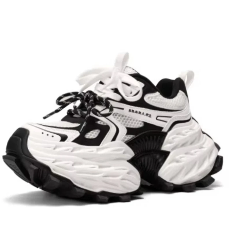 Genuine Leather Double Lace-up Chunky Sneakers Women's Thick Soled Height Increasing Shoes Comfortable Breathable Casual Shoes