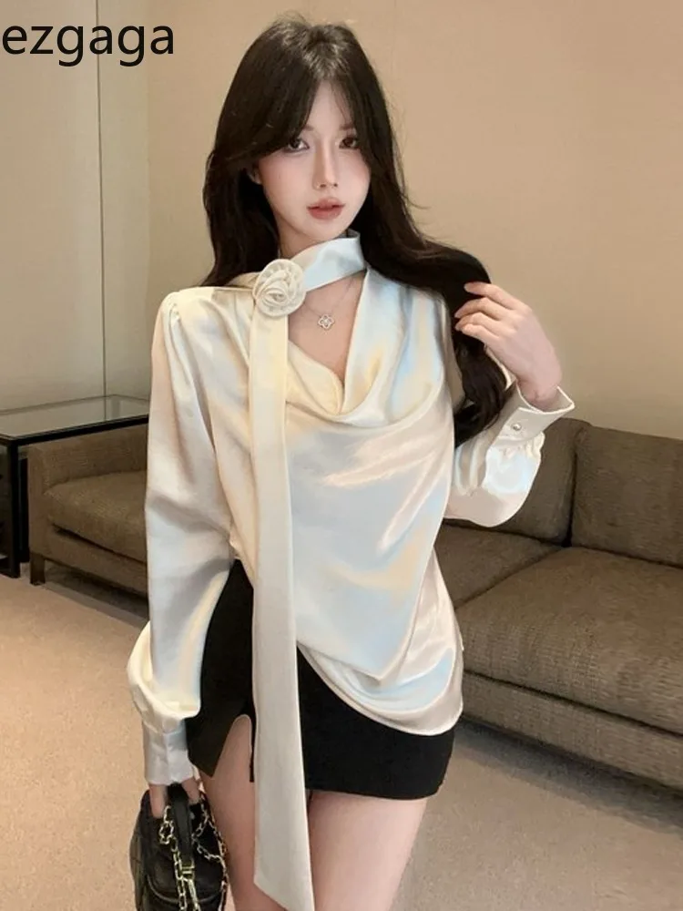 

Ezgaga Sexy Blouse Women Elegant Swinging Collar Long Sleeve Loose Ribbon Shirts Office Lady Autumn Fashion Female Tops
