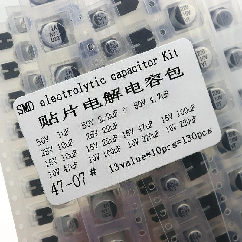 130pcs SMD Aluminum Electrolytic Capacitor Kit 13 Values x10pcs 1uF-220uF Assortment