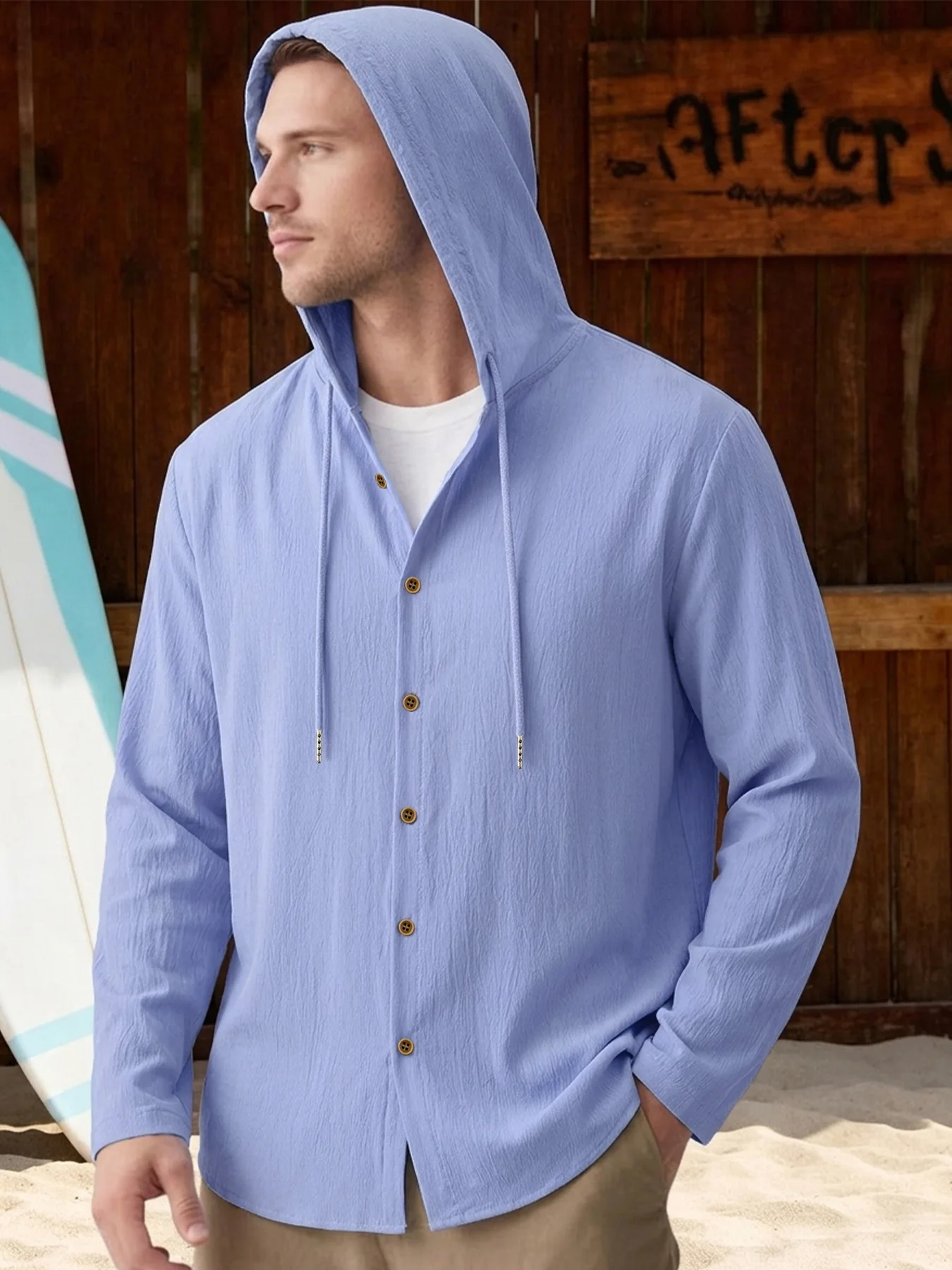 Men Hooded Button Down Shirt Lightweight Casual Hoodie Shirt Long Sleeve Textured Wrinkled Casual Hoodie Shirts