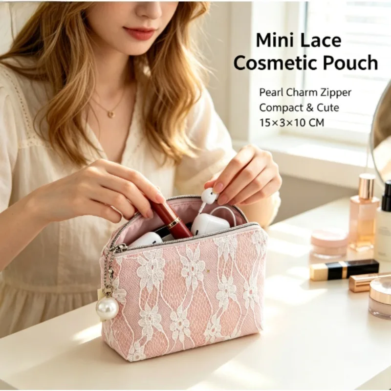 Lace Coin Purse Women Pearl Charm Mini Wallet Cute Lipstick Pouch Small Makeup Bag Zipper Card Holder for Girls Birthday Gift