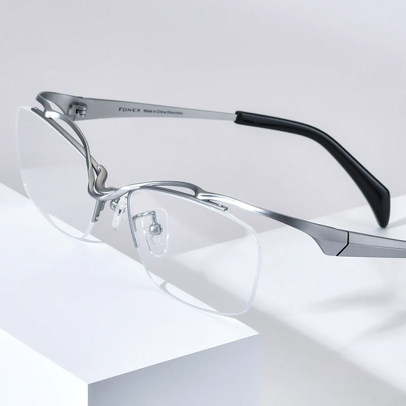 FONEX Titanium Glasses Frame Men Brand Design Semi-Rimless Square Eyeglasses Half-Rim Japanese Ultralight-Weight Eyewear 85762