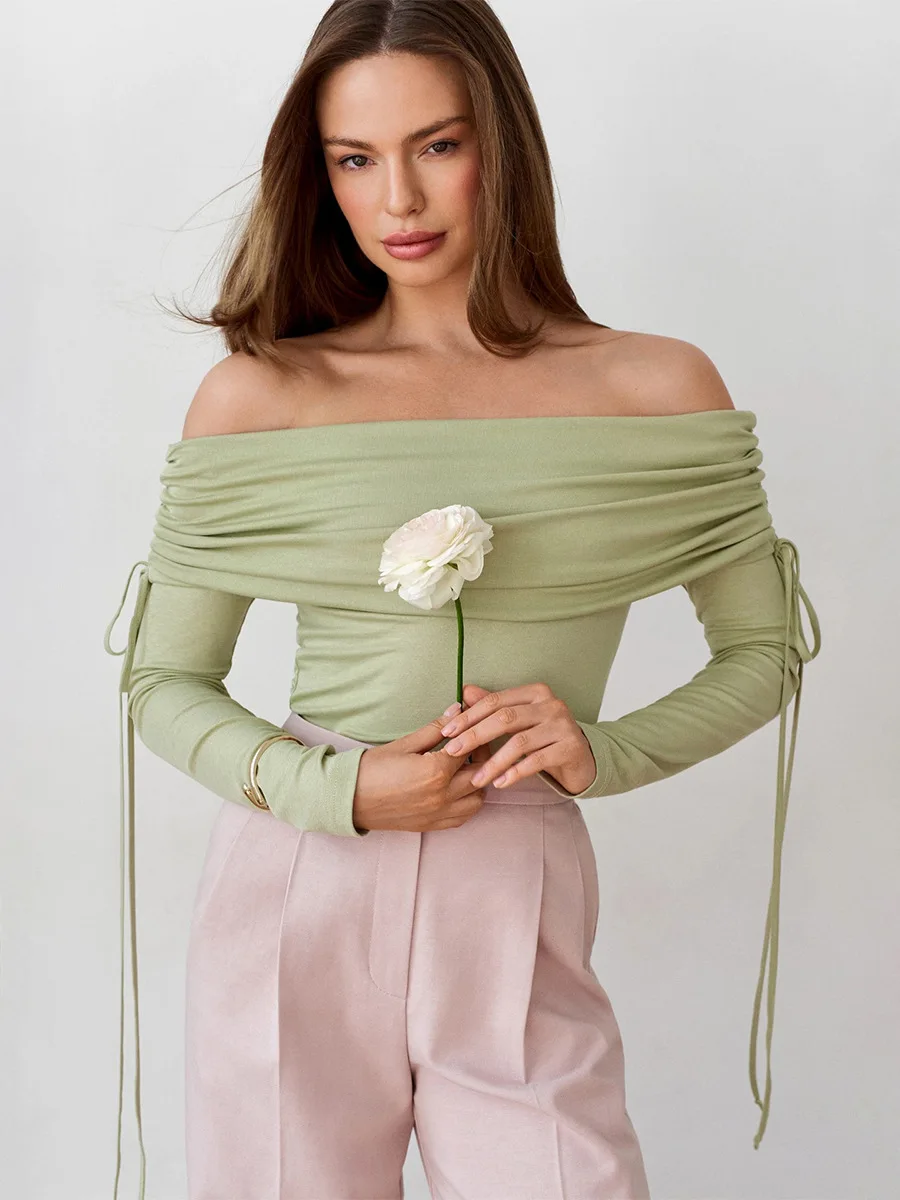 

bb Women's Trendy New spring Autumn Off The Shoulder Long Sleeve T Shirt Drawstring Sexy Slim Fit Base Top