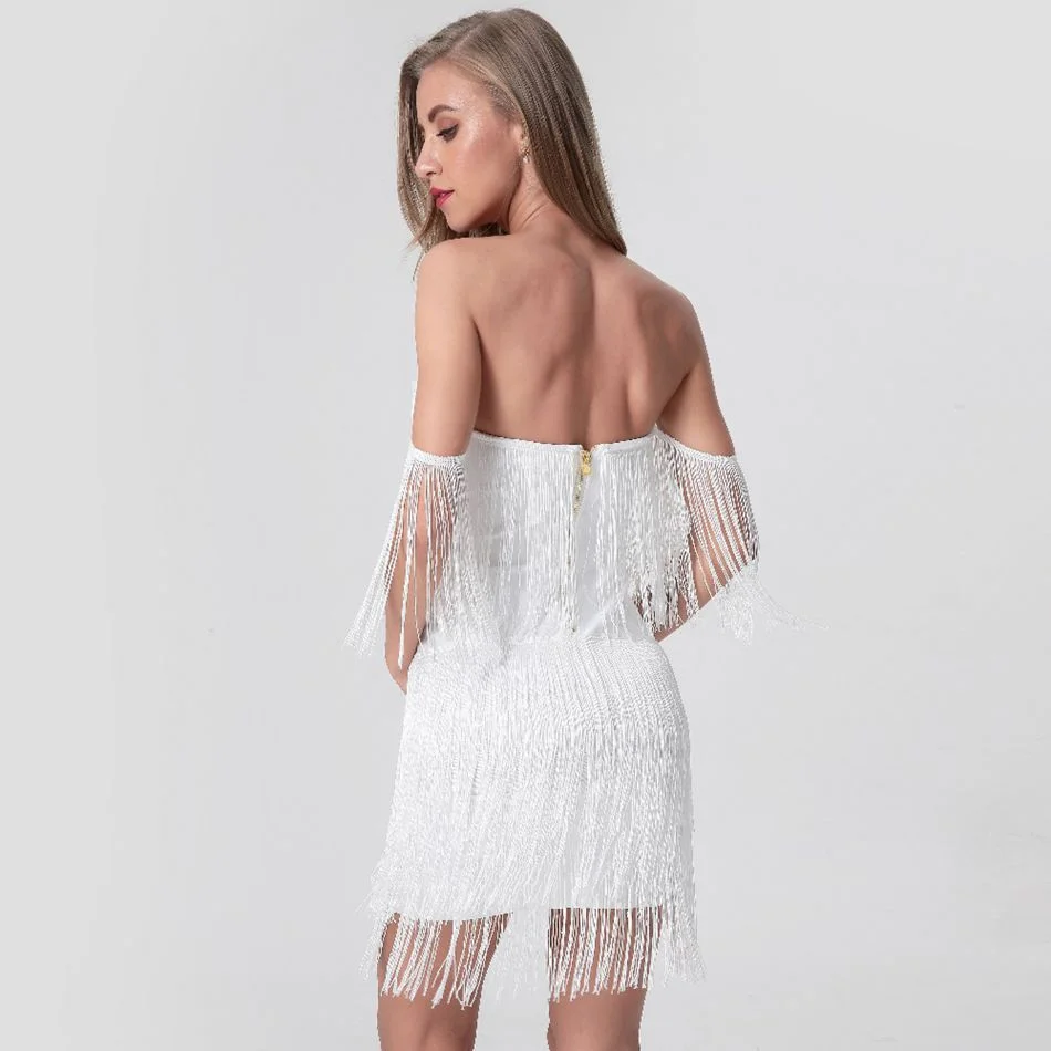 Vestido Bandage con hombros descubiertos para mujer, minivestido Sexy sin tirantes con borlas para discoteca, fiesta de noche de celebridad, ceñido al cuerpo, verano