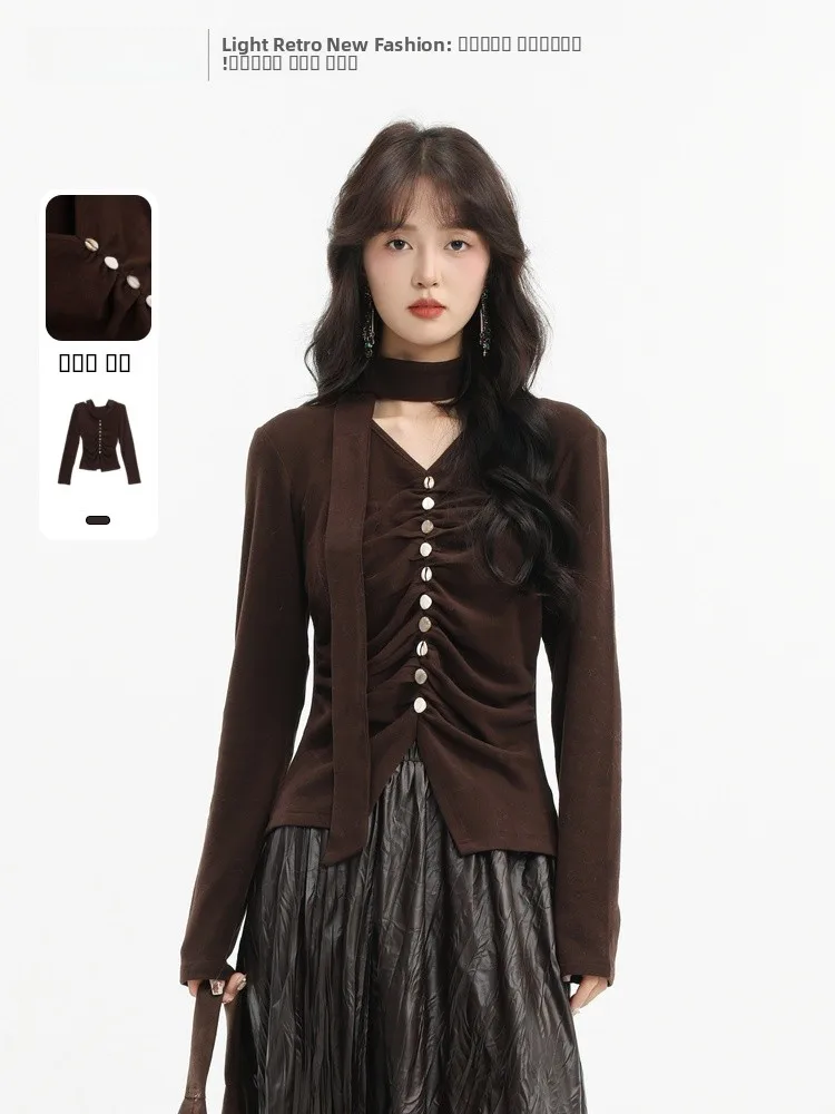 

Новый зимний вязаный свитер Ele V-Neck: приталенный плиссированный топ с V-образным вырезом для женщин, комфортный, средней мягкости, длинный