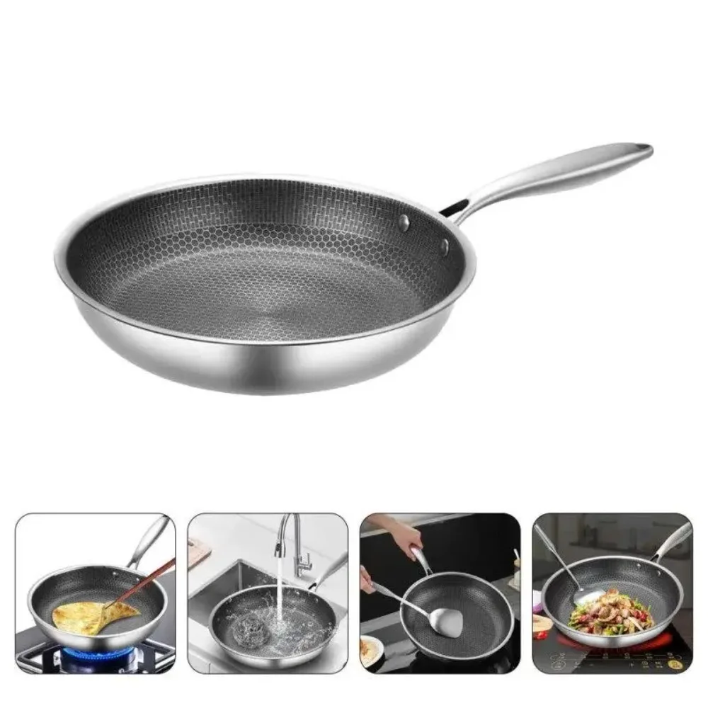 26/28/30cm Frying Pan Non-coated Stainless Steel NonStick Pan Thickened Multi-functional Steak Cooking Pot Gas Induction Cooker